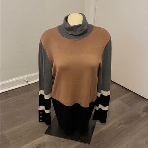 Anne Klein Womens Grey Tan Black Pullover Colorblock Turtleneck Sweater Large